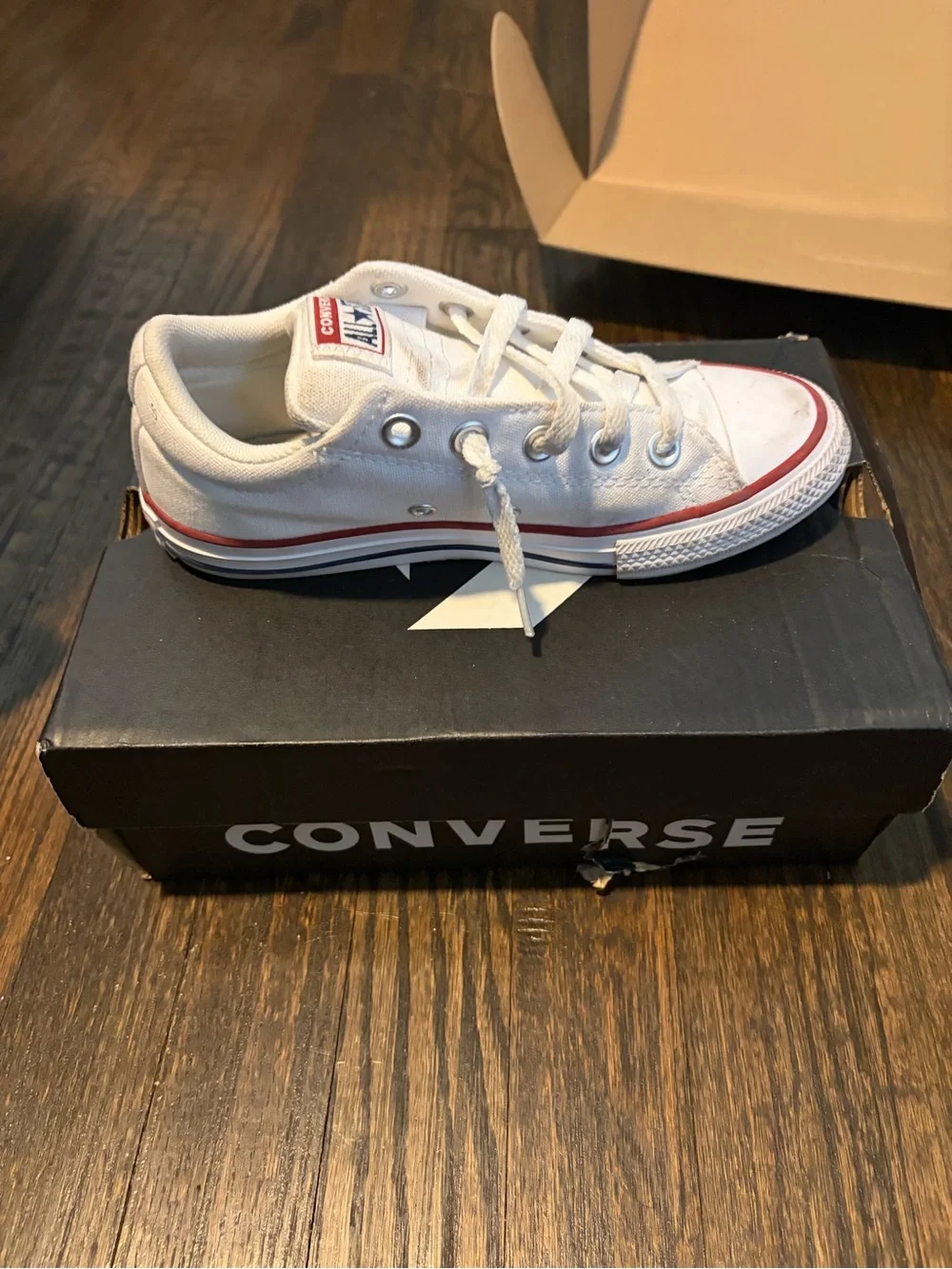Converse Kids White Low Top Sneakers with Red Trim
